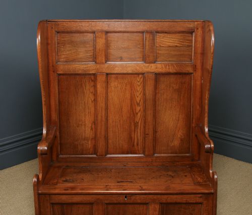 fig 4. Antique English 18th Century Georgian Oak High Back 3ft 9” Wide Hall Kitchen Bench Box Settle Seat (Circa 1780)