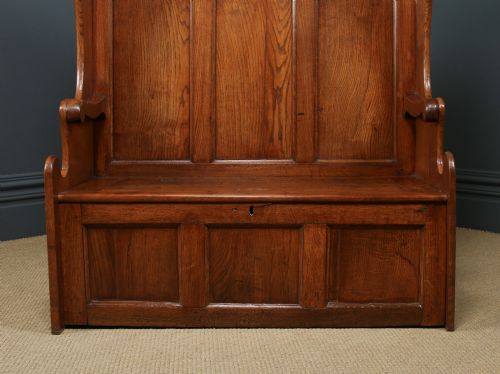 fig 5. Antique English 18th Century Georgian Oak High Back 3ft 9” Wide Hall Kitchen Bench Box Settle Seat (Circa 1780)