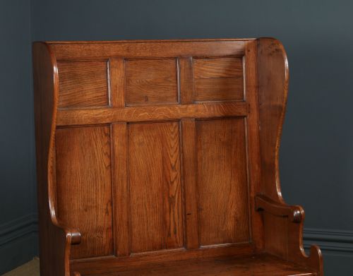 fig 6. Antique English 18th Century Georgian Oak High Back 3ft 9” Wide Hall Kitchen Bench Box Settle Seat (Circa 1780)