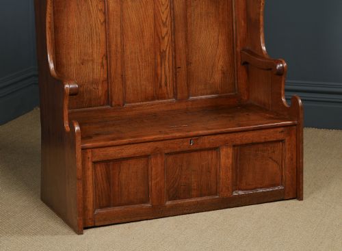 fig 7. Antique English 18th Century Georgian Oak High Back 3ft 9” Wide Hall Kitchen Bench Box Settle Seat (Circa 1780)