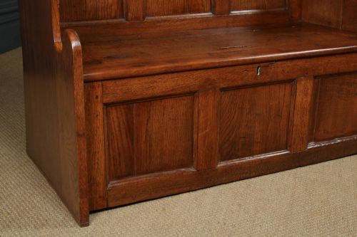 fig 8. Antique English 18th Century Georgian Oak High Back 3ft 9” Wide Hall Kitchen Bench Box Settle Seat (Circa 1780)