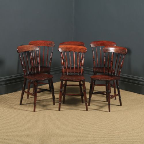 Antique English Victorian Set of Six 6 Ash & Elm Windsor Bar & Stick Back Kitchen Chairs (Circa 1890)
