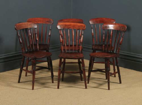fig 1. Antique English Victorian Set of Six 6 Ash & Elm Windsor Bar & Stick Back Kitchen Chairs (Circa 1890)