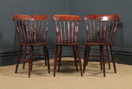 fig 2. Antique English Victorian Set of Six 6 Ash & Elm Windsor Bar & Stick Back Kitchen Chairs (Circa 1890)