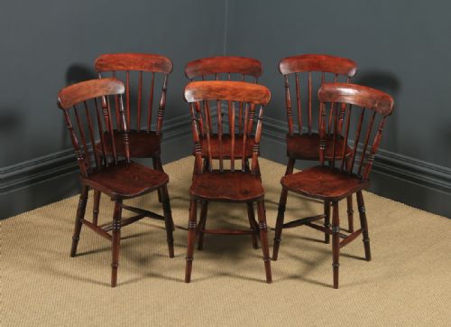fig 3. Antique English Victorian Set of Six 6 Ash & Elm Windsor Bar & Stick Back Kitchen Chairs (Circa 1890)