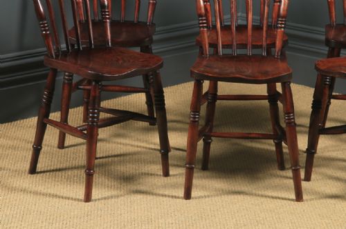 fig 6. Antique English Victorian Set of Six 6 Ash & Elm Windsor Bar & Stick Back Kitchen Chairs (Circa 1890)