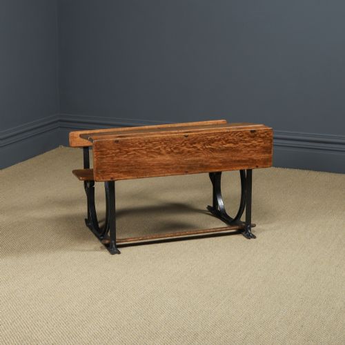 Antique English Victorian Children’s Kids School Two Seat Hinged Oak Desk Bench Table (Circa 1890)