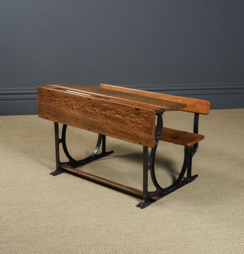 fig 3. Antique English Victorian Children’s Kids School Two Seat Hinged Oak Desk Bench Table (Circa 1890)