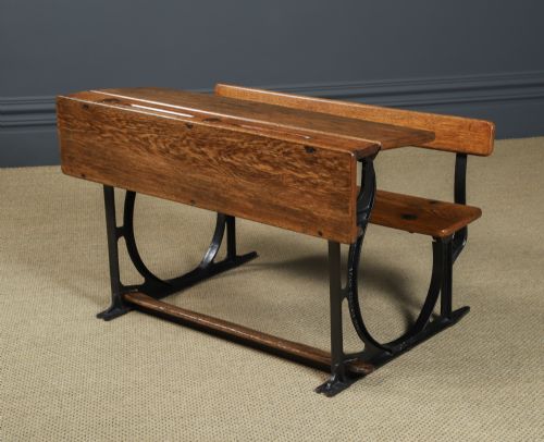 fig 4. Antique English Victorian Children’s Kids School Two Seat Hinged Oak Desk Bench Table (Circa 1890)