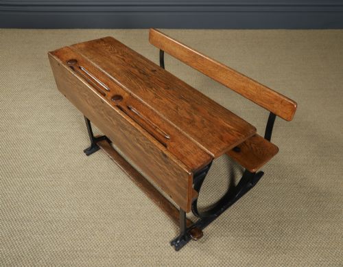 fig 5. Antique English Victorian Children’s Kids School Two Seat Hinged Oak Desk Bench Table (Circa 1890)