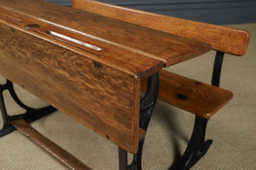 fig 6. Antique English Victorian Children’s Kids School Two Seat Hinged Oak Desk Bench Table (Circa 1890)