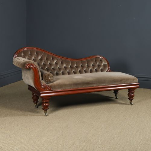 Antique English Victorian Mahogany Upholstered Chaise Longue Sofa Couch (Circa 1850)