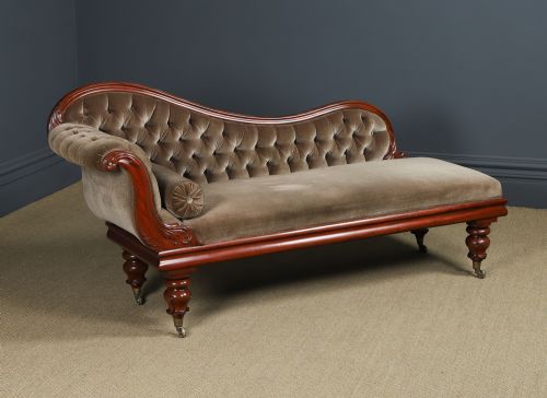 fig 1. Antique English Victorian Mahogany Upholstered Chaise Longue Sofa Couch (Circa 1850)