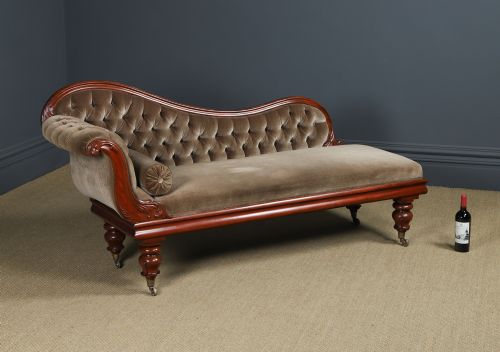 fig 2. Antique English Victorian Mahogany Upholstered Chaise Longue Sofa Couch (Circa 1850)