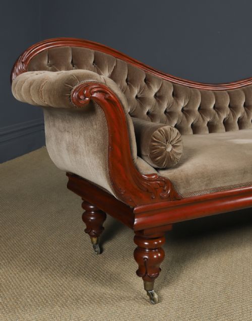 fig 3. Antique English Victorian Mahogany Upholstered Chaise Longue Sofa Couch (Circa 1850)