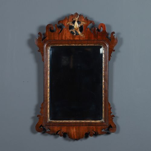 fig 1. Antique English Georgian Chippendale Style Walnut & Gilt Wall Hanging Portrait Mirror (Circa 1910)