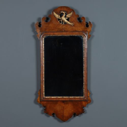 Antique English Georgian Chippendale Style Walnut & Gilt Wall Hanging Portrait Medium Mirror (Circa 1910)