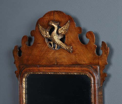 fig 3. Antique English Georgian Chippendale Style Walnut & Gilt Wall Hanging Portrait Medium Mirror (Circa 1910)