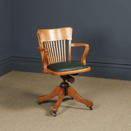 Antique Scottish Edwardian Oak & Green Leather Revolving Office Desk Chair / Armchair (Circa 1910)