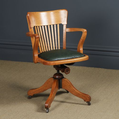 fig 1. Antique Scottish Edwardian Oak & Green Leather Revolving Office Desk Chair / Armchair (Circa 1910)