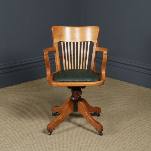fig 2. Antique Scottish Edwardian Oak & Green Leather Revolving Office Desk Chair / Armchair (Circa 1910)