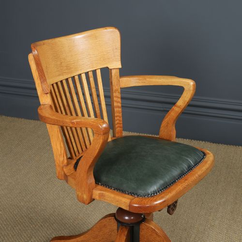 fig 4. Antique Scottish Edwardian Oak & Green Leather Revolving Office Desk Chair / Armchair (Circa 1910)