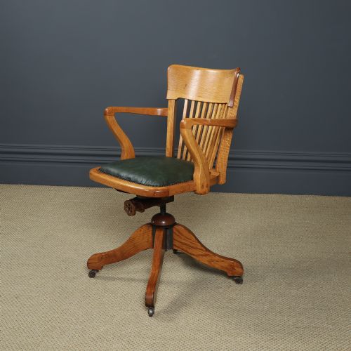 fig 5. Antique Scottish Edwardian Oak & Green Leather Revolving Office Desk Chair / Armchair (Circa 1910)