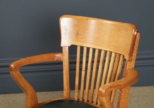 fig 6. Antique Scottish Edwardian Oak & Green Leather Revolving Office Desk Chair / Armchair (Circa 1910)