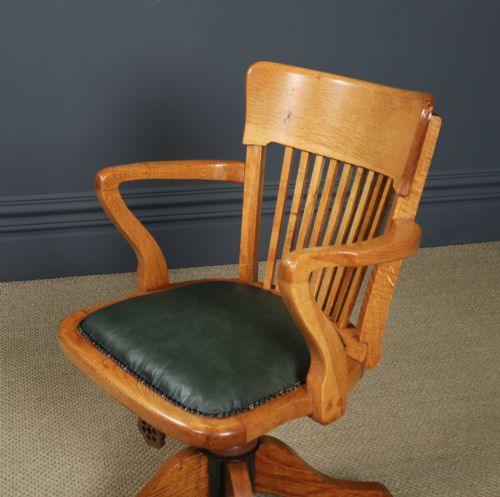 fig 7. Antique Scottish Edwardian Oak & Green Leather Revolving Office Desk Chair / Armchair (Circa 1910)