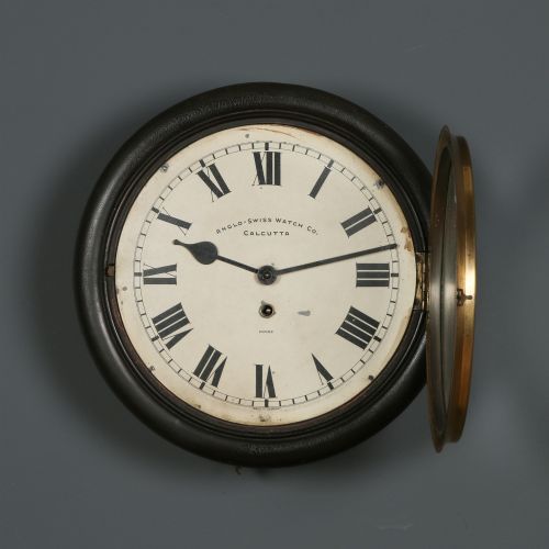 ANTIQUE 135 MAHOGANY ANGLO SWISS WATCH CO RAILWAY STATION SCHOOL ROUND DIAL WALL CLOCK TIMEPIECE - ADDITIONAL PHOTO 1