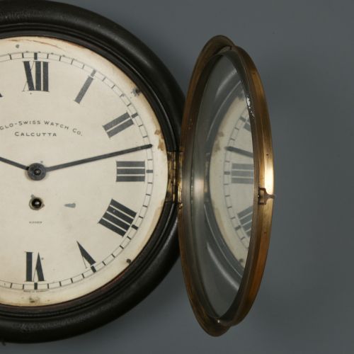 ANTIQUE 135 MAHOGANY ANGLO SWISS WATCH CO RAILWAY STATION SCHOOL ROUND DIAL WALL CLOCK TIMEPIECE - ADDITIONAL PHOTO 2