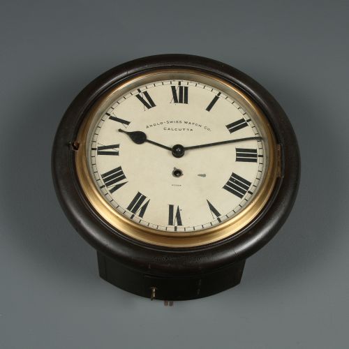 ANTIQUE 135 MAHOGANY ANGLO SWISS WATCH CO RAILWAY STATION SCHOOL ROUND DIAL WALL CLOCK TIMEPIECE - ADDITIONAL PHOTO 10