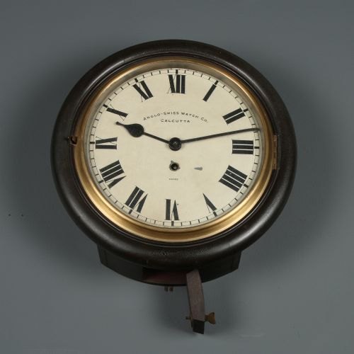 ANTIQUE 135 MAHOGANY ANGLO SWISS WATCH CO RAILWAY STATION SCHOOL ROUND DIAL WALL CLOCK TIMEPIECE - ADDITIONAL PHOTO 14
