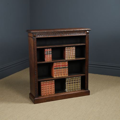 fig 2. Antique English Victorian Oak 17th Century Style 3½ft Carved Open Shelf Bookcase (Circa 1880)