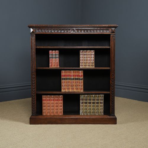 fig 1. Antique English Victorian Oak 17th Century Style 3½ft Carved Open Shelf Bookcase (Circa 1880)