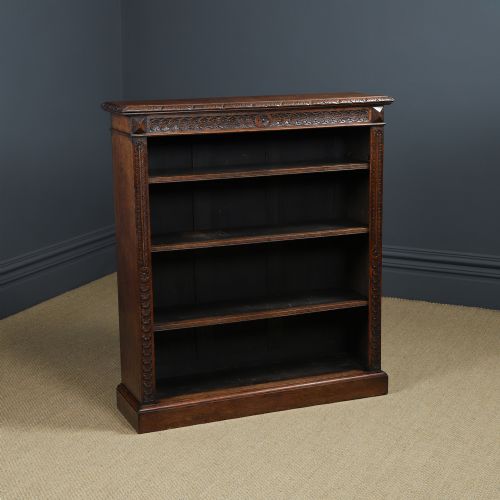 Antique English Victorian Oak 17th Century Style 3½Ft Carved Open Shelf Bookcase (Circa 1880)