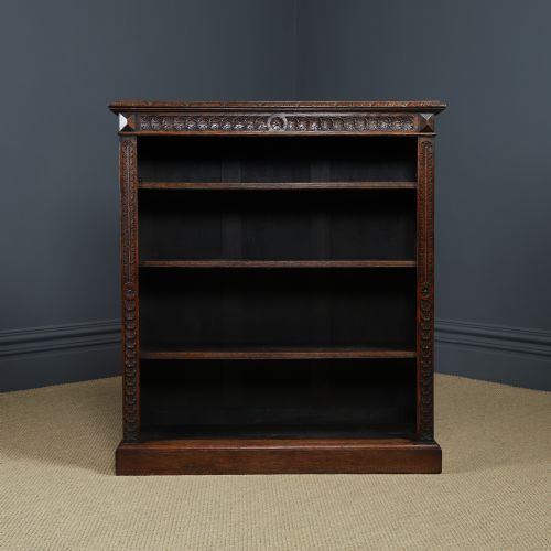 fig 3. Antique English Victorian Oak 17th Century Style 3½ft Carved Open Shelf Bookcase (Circa 1880)