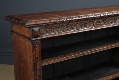 fig 4. Antique English Victorian Oak 17th Century Style 3½ft Carved Open Shelf Bookcase (Circa 1880)