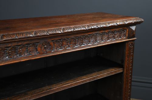 fig 5. Antique English Victorian Oak 17th Century Style 3½ft Carved Open Shelf Bookcase (Circa 1880)