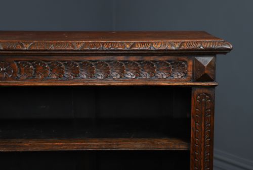 fig 6. Antique English Victorian Oak 17th Century Style 3½ft Carved Open Shelf Bookcase (Circa 1880)