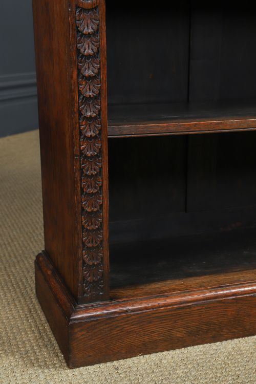 fig 7. Antique English Victorian Oak 17th Century Style 3½ft Carved Open Shelf Bookcase (Circa 1880)