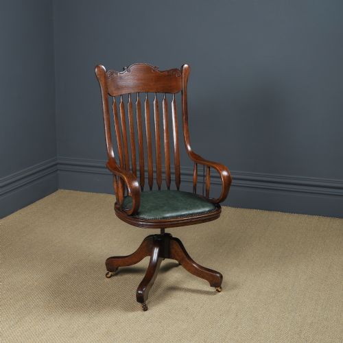 Antique American Edwardian Sheriff’s Oak & Green Leather Revolving Office Desk Chair / Armchair (Circa 1910)