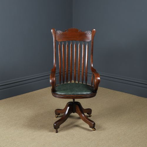 fig 1. Antique American Edwardian Sheriff’s Oak & Green Leather Revolving Office Desk Chair / Armchair (Circa 1910)
