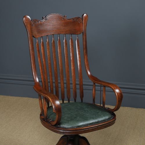 fig 3. Antique American Edwardian Sheriff’s Oak & Green Leather Revolving Office Desk Chair / Armchair (Circa 1910)