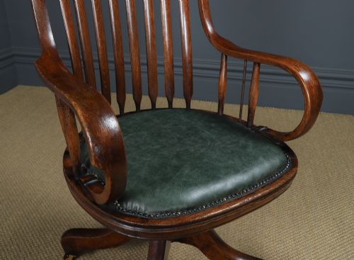 fig 5. Antique American Edwardian Sheriff’s Oak & Green Leather Revolving Office Desk Chair / Armchair (Circa 1910)