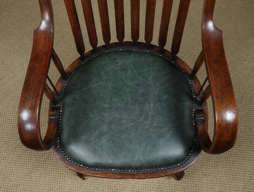 fig 6. Antique American Edwardian Sheriff’s Oak & Green Leather Revolving Office Desk Chair / Armchair (Circa 1910)