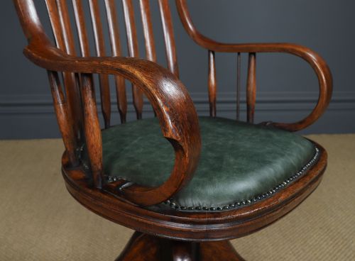 fig 7. Antique American Edwardian Sheriff’s Oak & Green Leather Revolving Office Desk Chair / Armchair (Circa 1910)