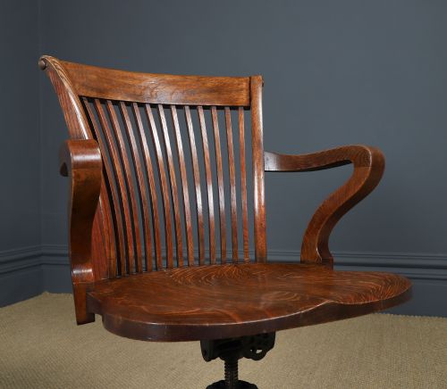 fig 5. Antique English Edwardian Oak Revolving Office Desk Arm Chair Saddle Seat (Circa 1910