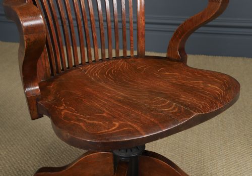 fig 6. Antique English Edwardian Oak Revolving Office Desk Arm Chair Saddle Seat (Circa 1910