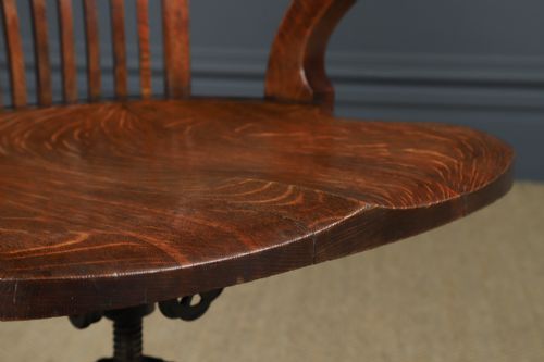 fig 7. Antique English Edwardian Oak Revolving Office Desk Arm Chair Saddle Seat (Circa 1910